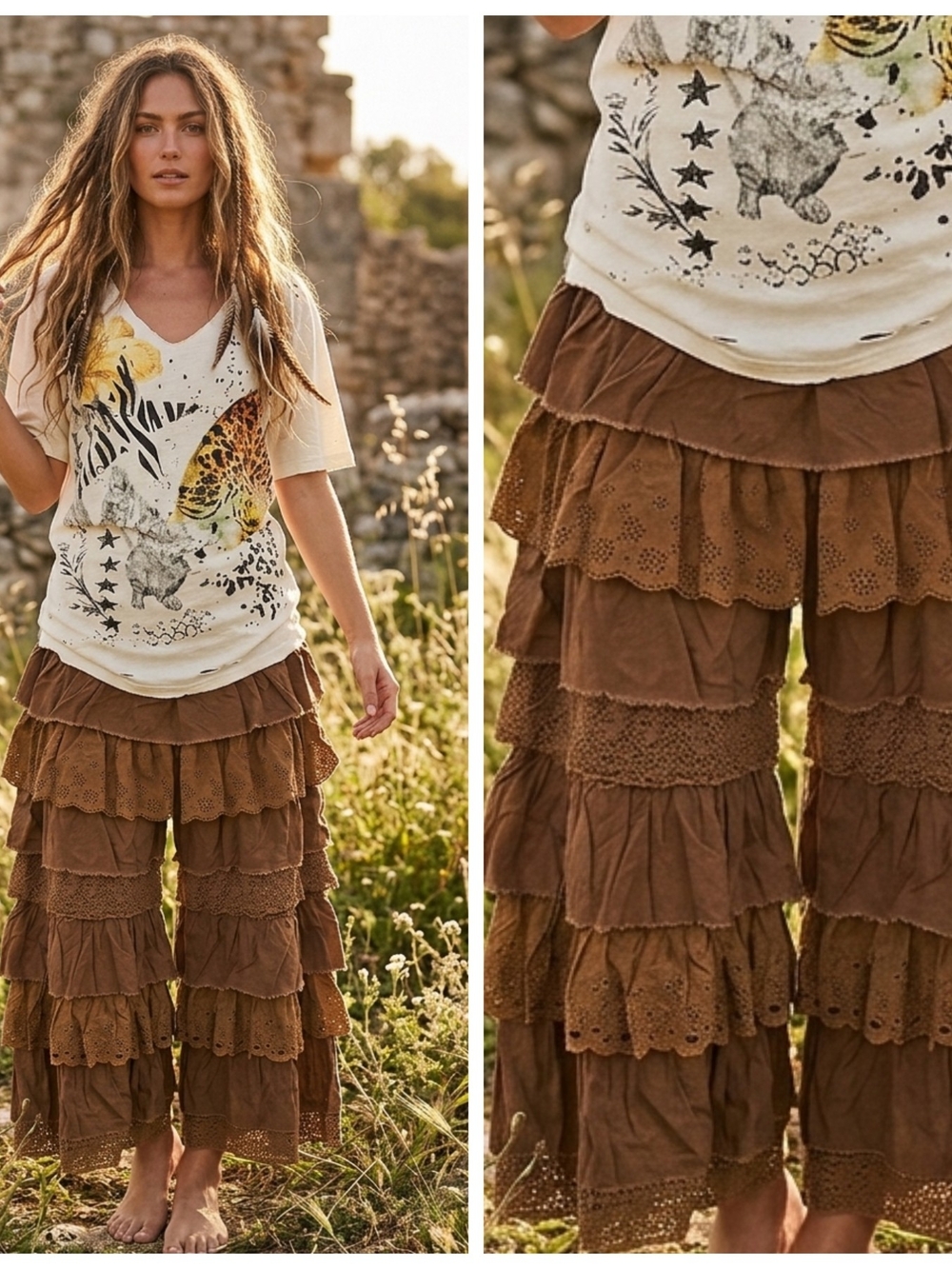 Boho Tiered Ruffle Wide-Leg Pants - Brown